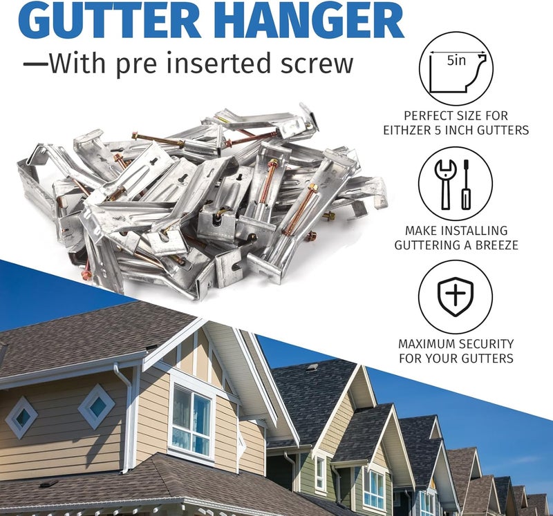 KishYa 50 Pack Gutter Hangers, Gutter Hangers 5 Inch, Rain Gutter Hangers, Heavy Duty Gutter Hangers with a Pre Inserted Rust Resistant Screw, Hidden Gutter Hangers for 5" K Style Aluminum Gutters - Image 4